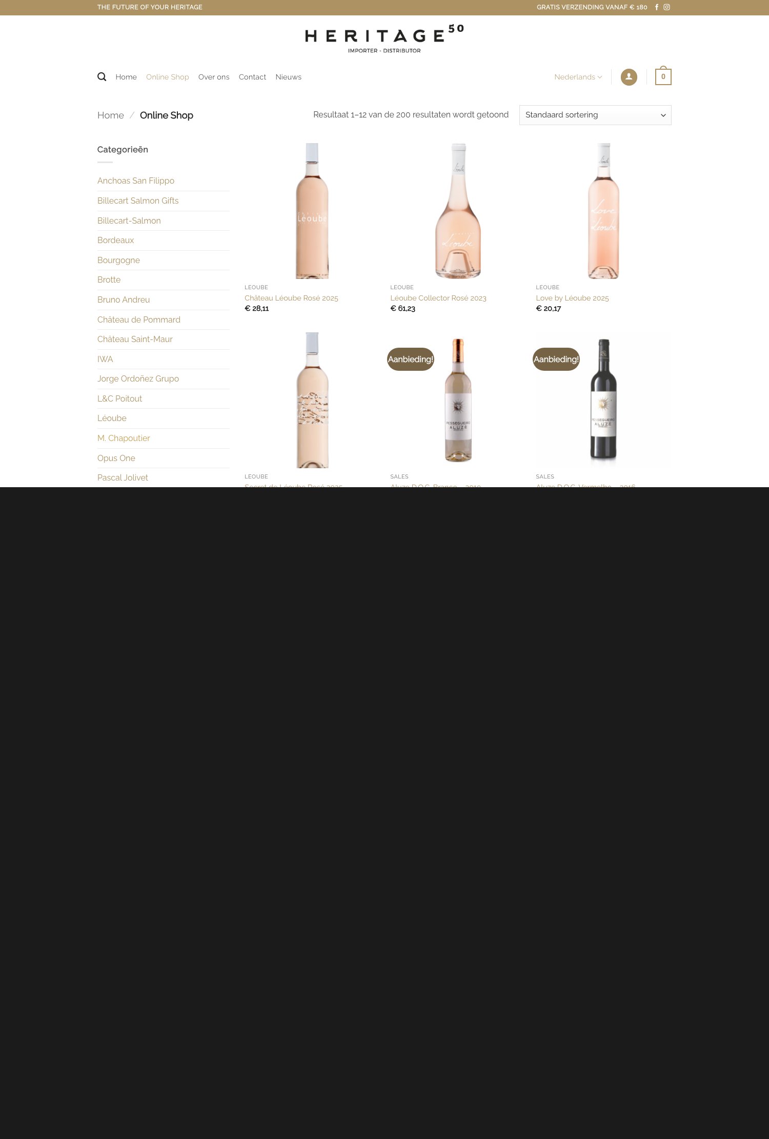 Screenshot van de website van Heritage50 Wine webshop