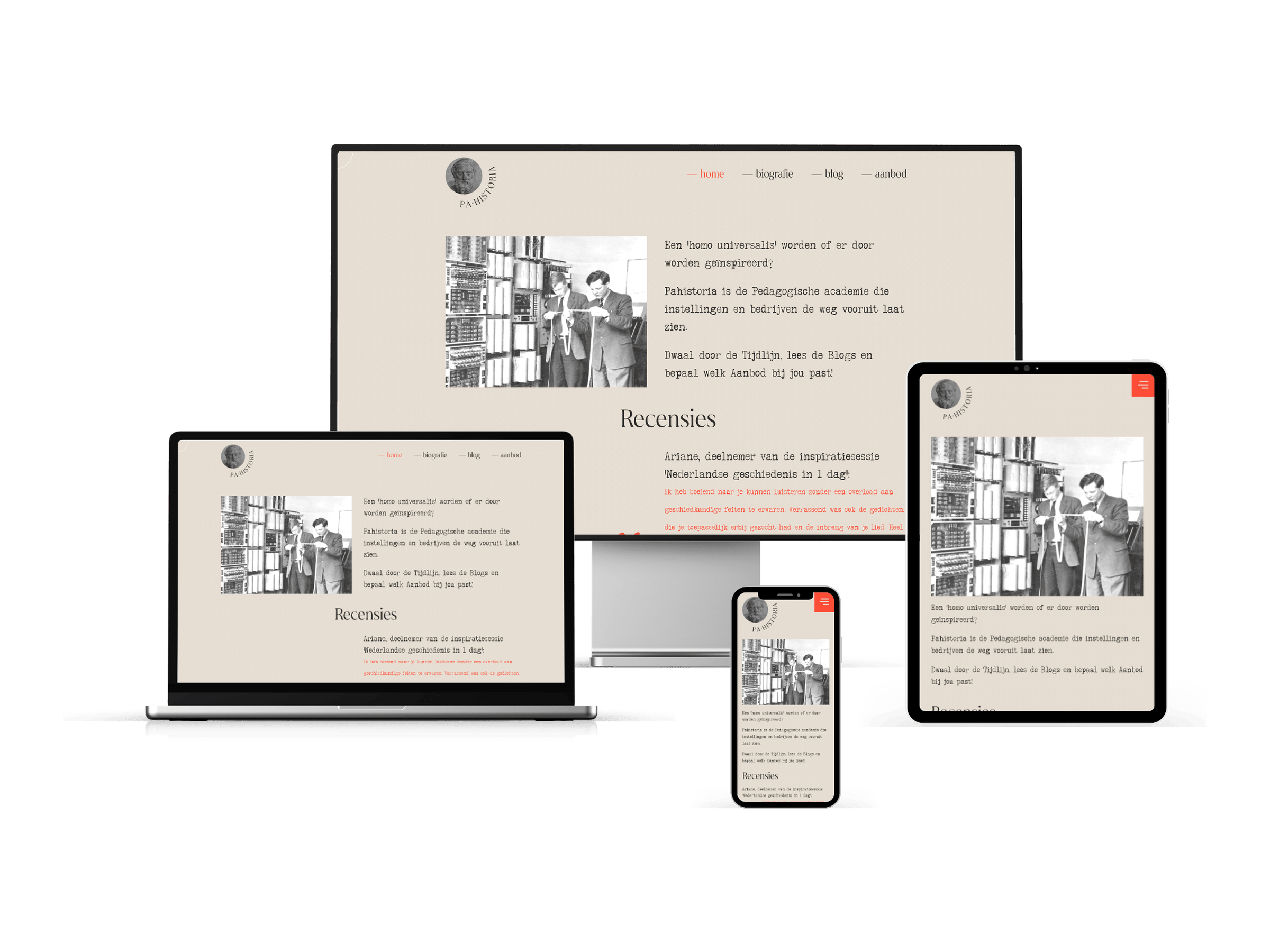 Website van PA Historia op desktop, laptop, tablet en telefoon