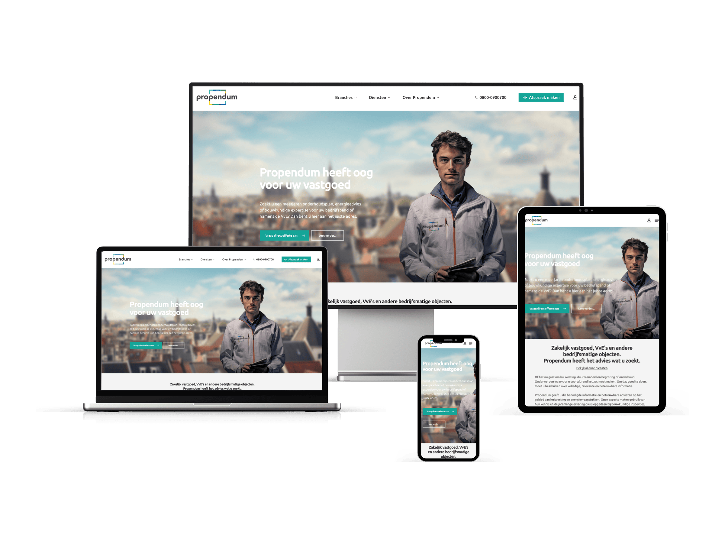 Website van Propendum op desktop, laptop, tablet en telefoon