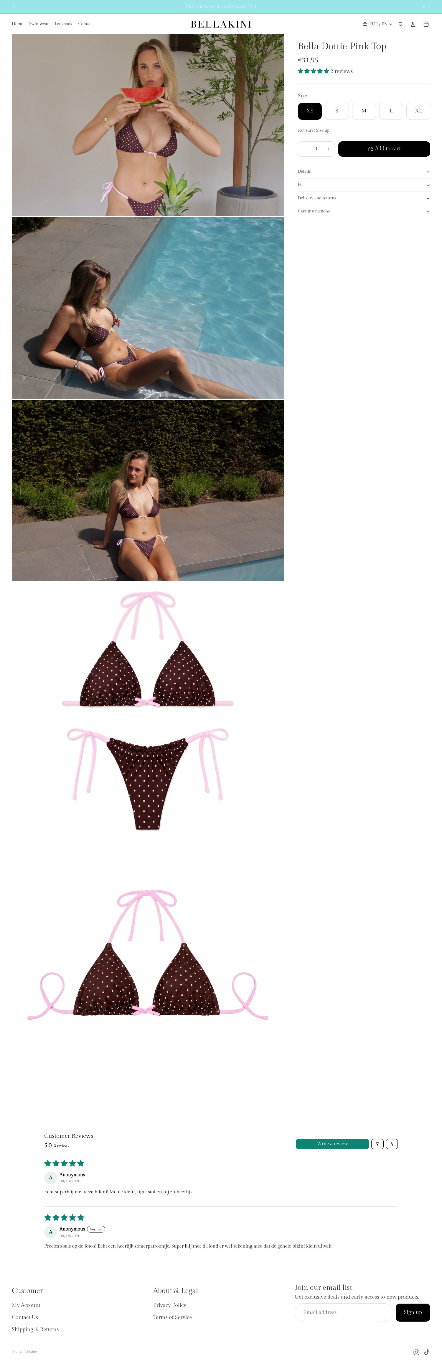 Product page of the Bellakini webshop showing the Bella Dottie Pink top