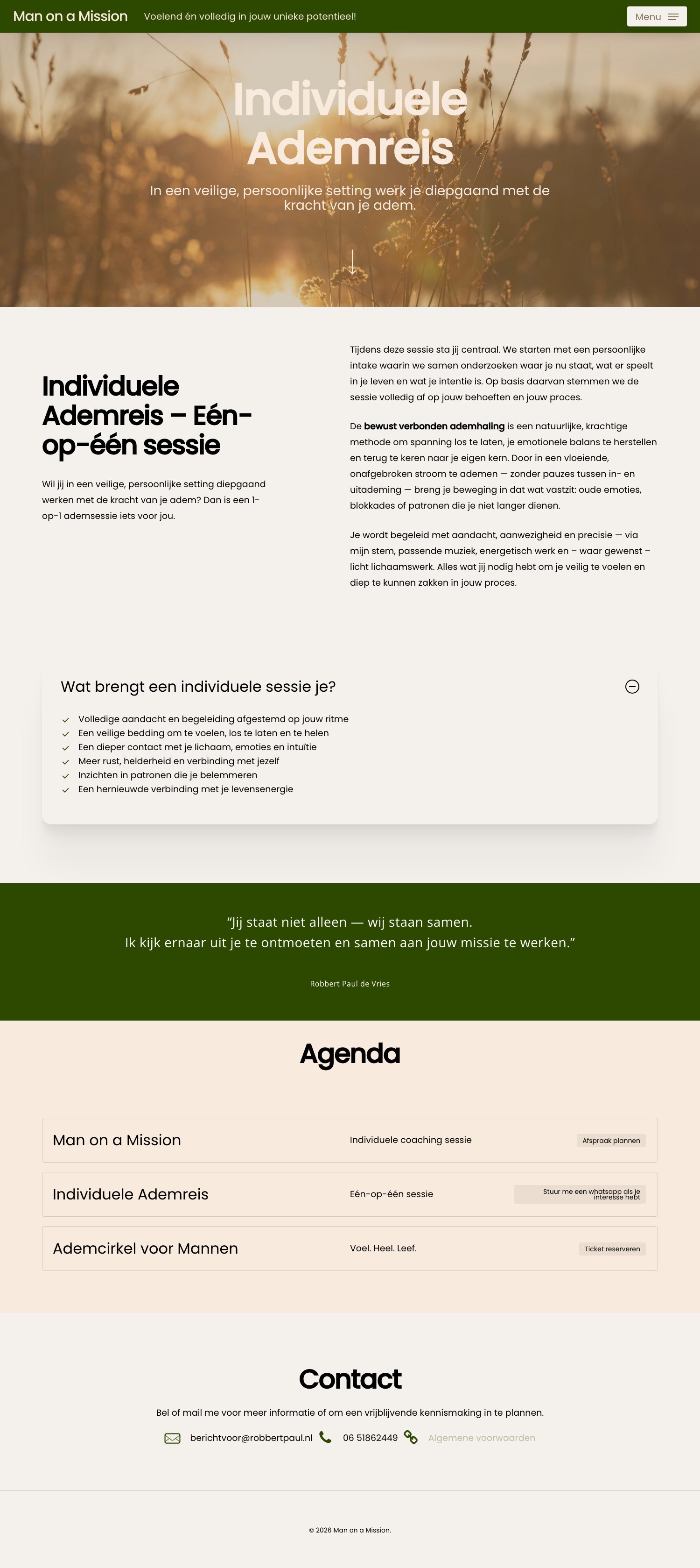 Full page screenshot of the Individuele Ademreis page on manonamission.nl