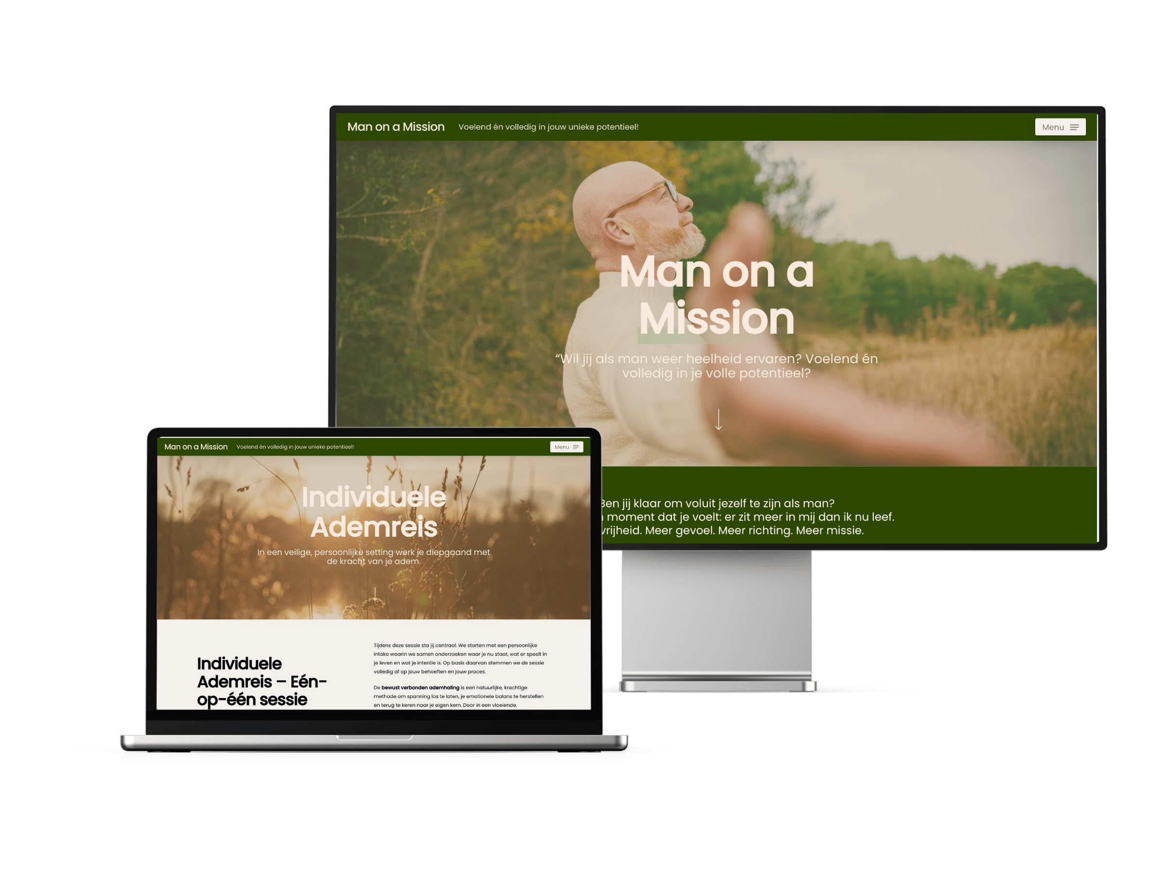 The Man on a Mission website shown on a monitor and a laptop