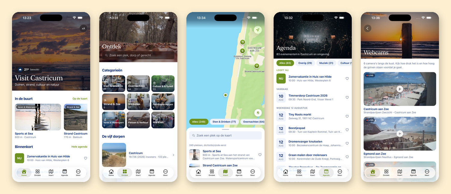 Vijf schermen van de Visit Castricum-app: home, ontdek, kaart, agenda en webcams